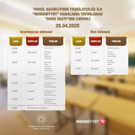 Teledərslərin sabaha olan cədvəli açıqlandı